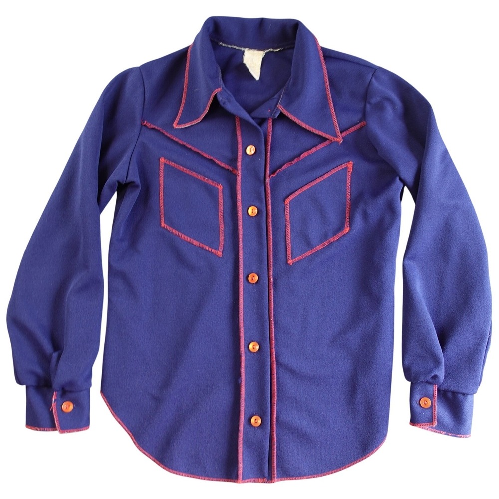 Vintage 70s Westernβ Button Down Shirt Womens 13/14 Blue Red Polyester Disco Top